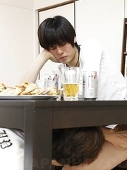 Hot Hitomi Okubo has pussy rubbed under table